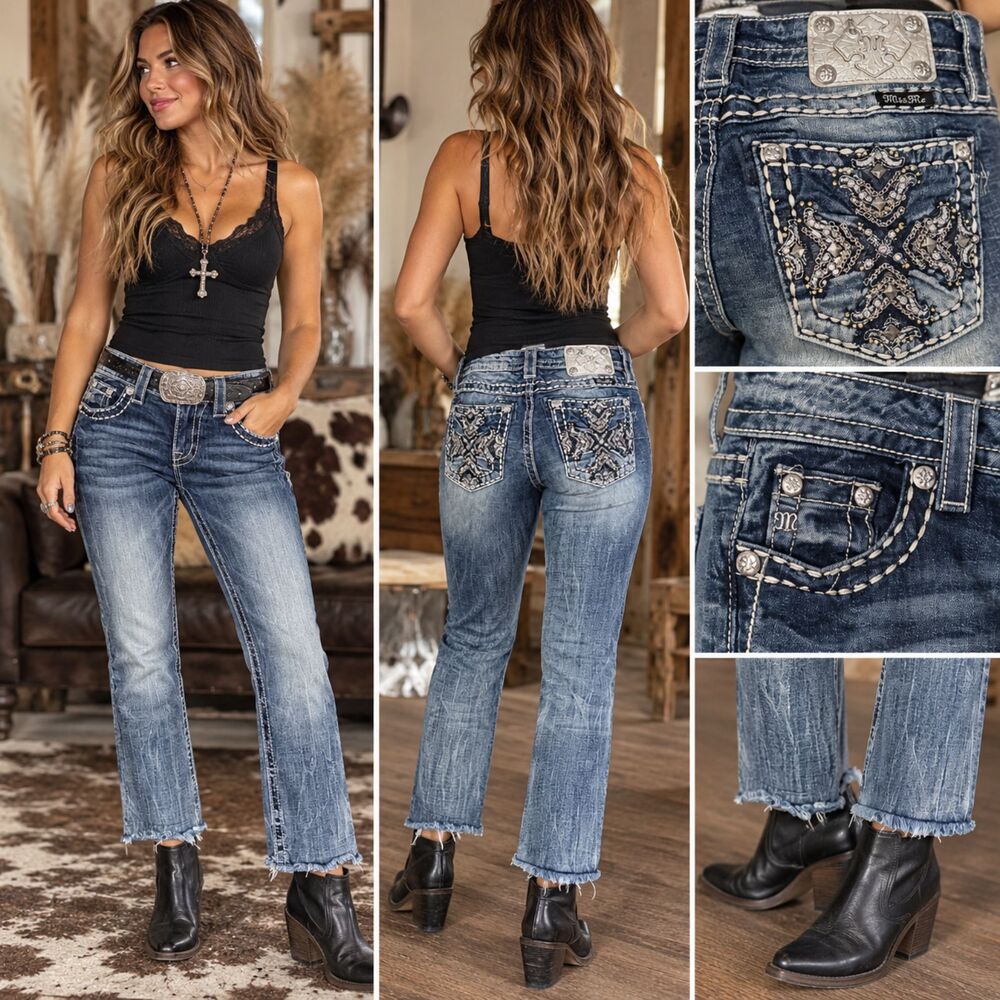 Miss Me Jeans Size 27 Y2K Embellished Rhinestone Bootcut Cropped Raw Hem Western
